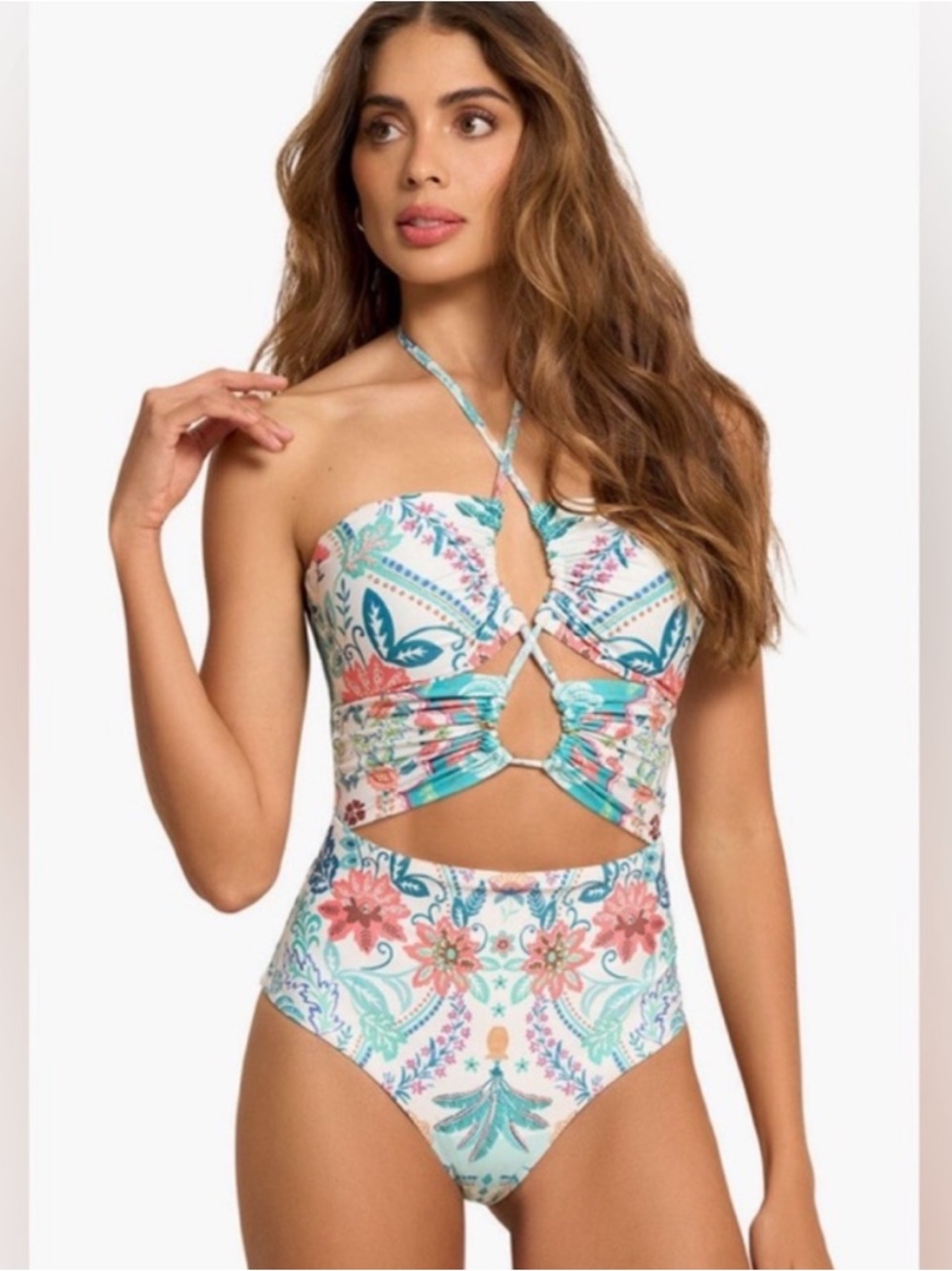 COSITA LINDA Strappy Bandeau One Piece Swimsuit Floral Cutout Halter